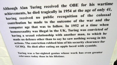 Figure 4: Bletchley Park’s information board on the subject of Alan Turing’s death by suicide. It does not mention his sentence of chemical castration and the interpretation offers no further discussion of these events, or the issues surrounding them. (Image: Doctorow, 2008).